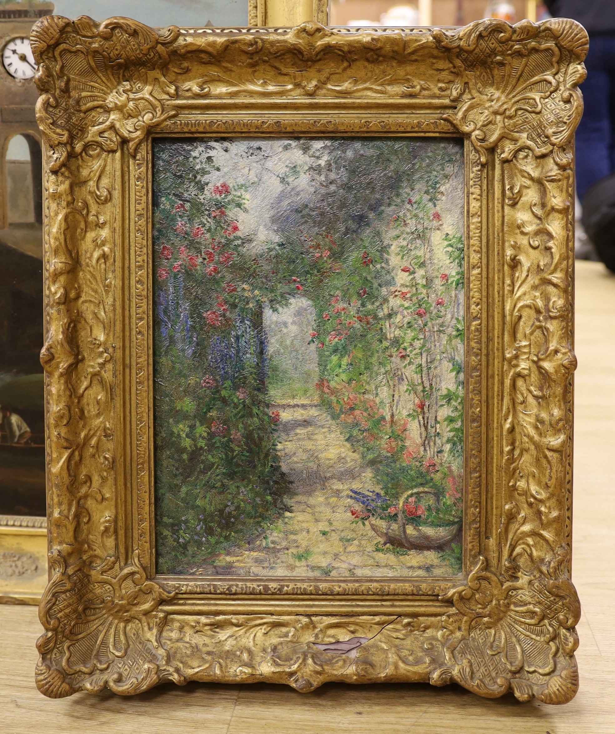 Ada Dennis R.O.I. (1862-1900), oil on board, 'In an Old World Garden', RI Exhibition label verso, 34 x 24cm